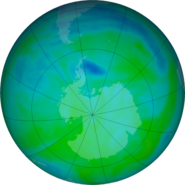 Antarctic ozone map for 25 December 2015